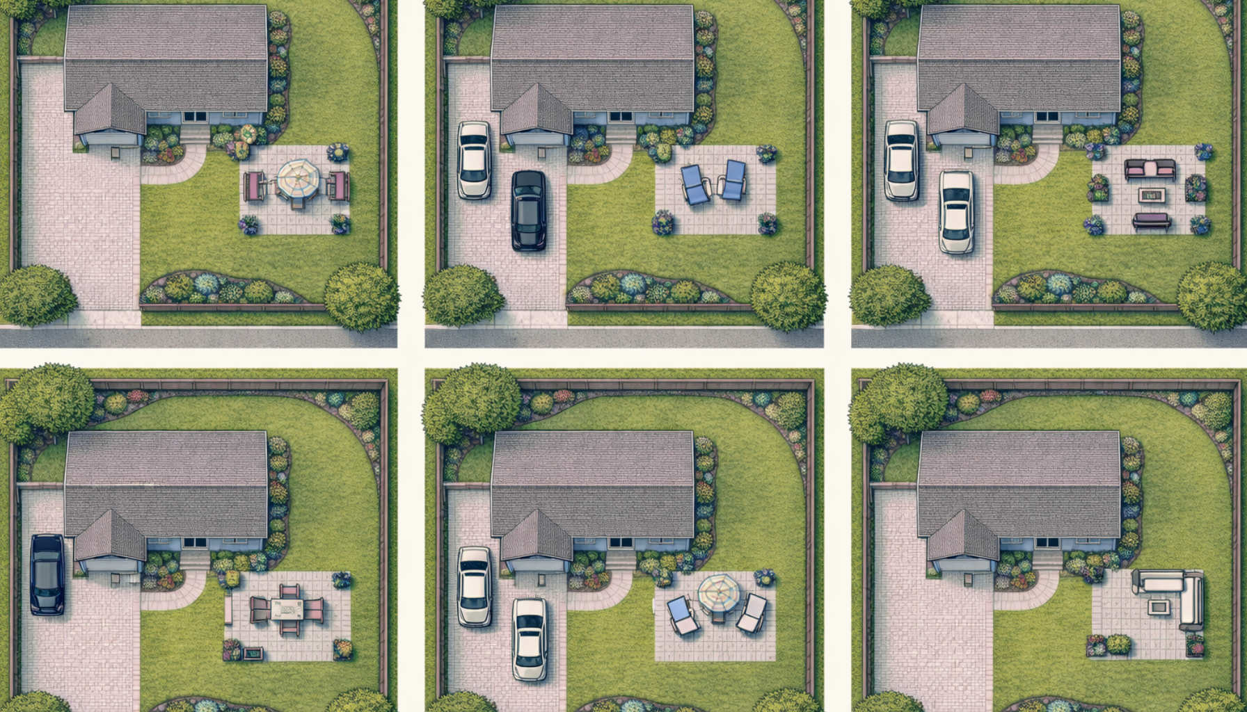 Six panels showing the same yard with different landscaping configurations