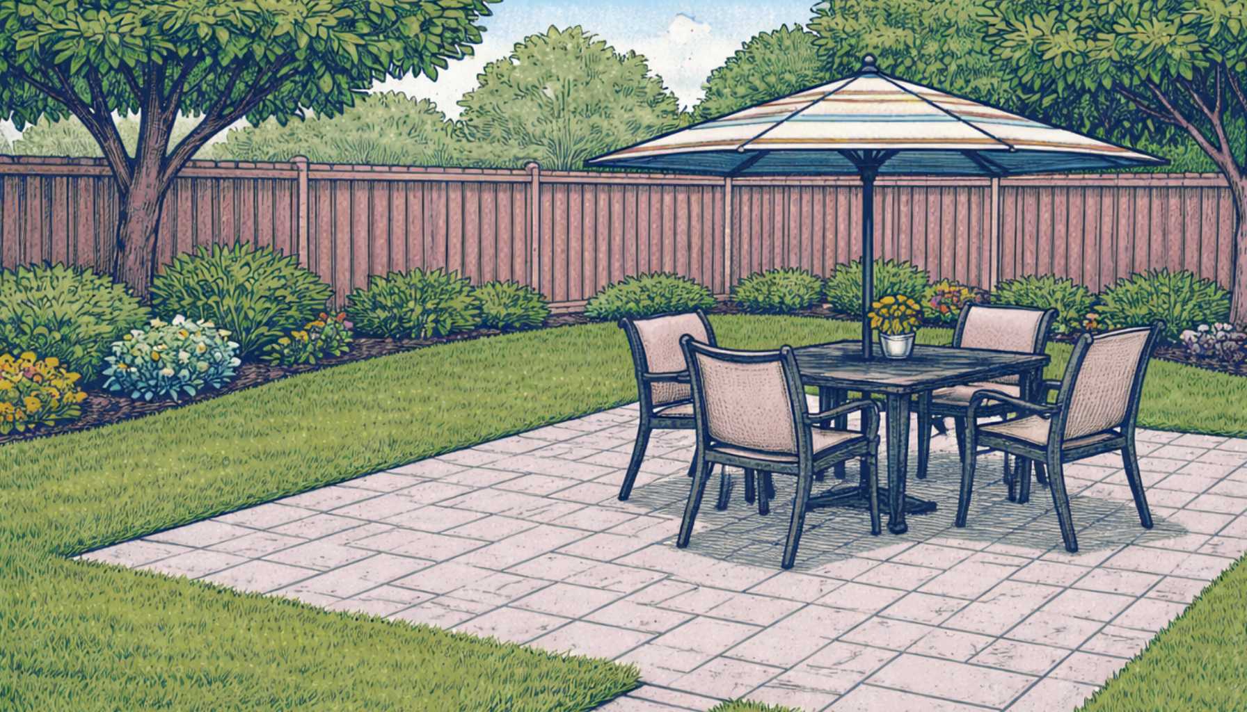 A medium-sized rectangular backyard patio with grass filling the remainder of the landscaping.