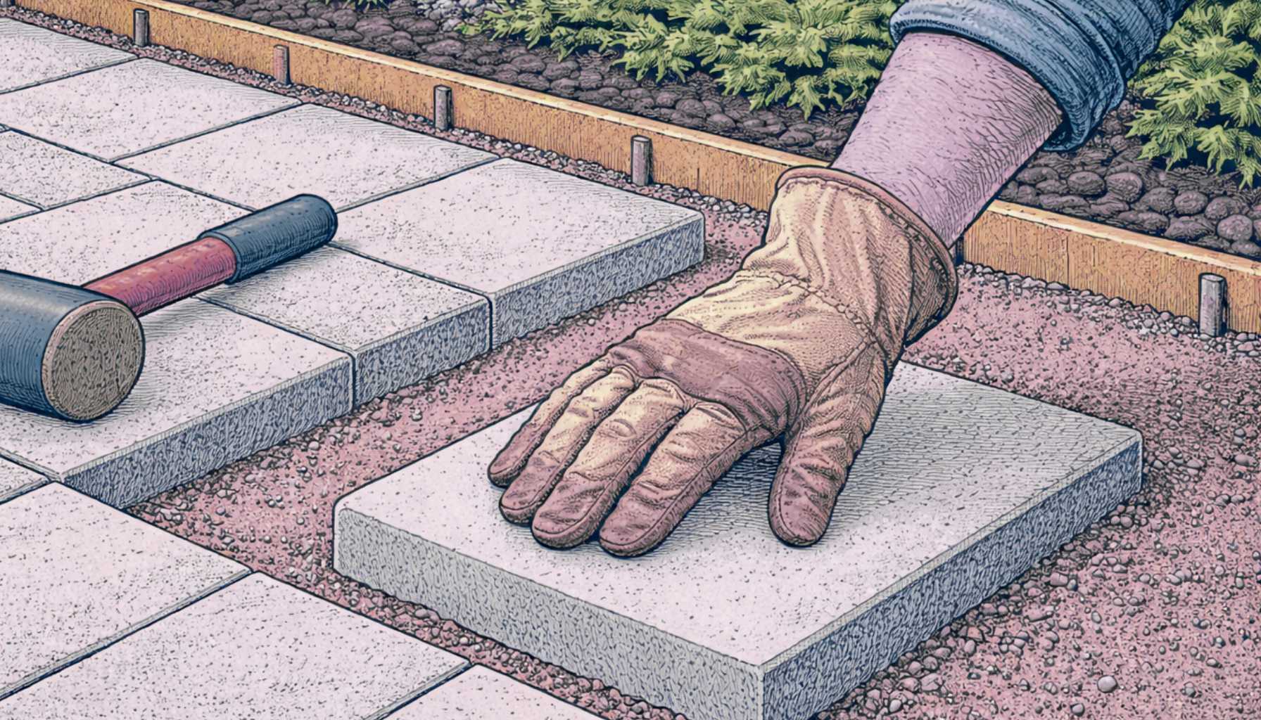 A landscaper installing a concrete paver