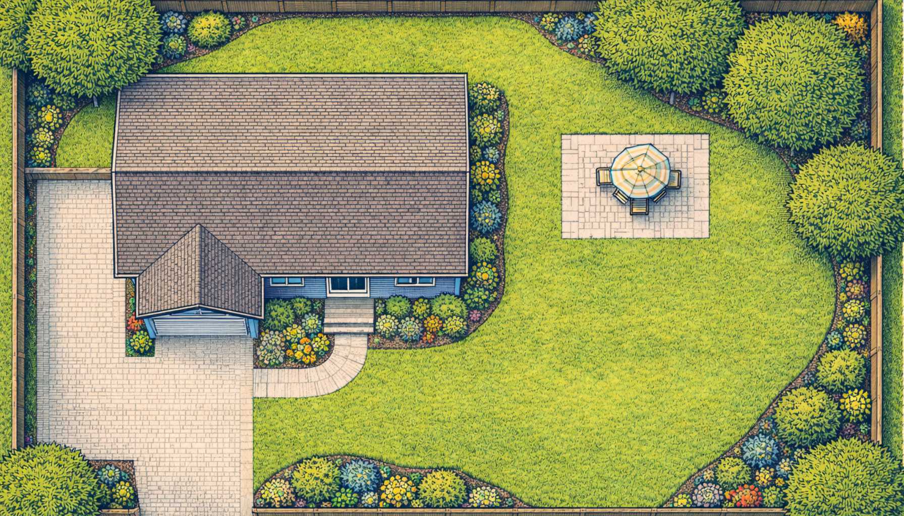 Overhead view of landscape plan for suburban home