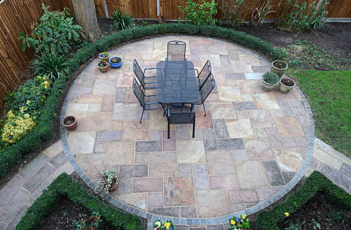Courtyard patio with built-in brick table and outdoor furniture