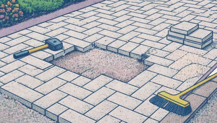 Illustration of a landscaping contractor repairing concrete pavers for a residential patio.