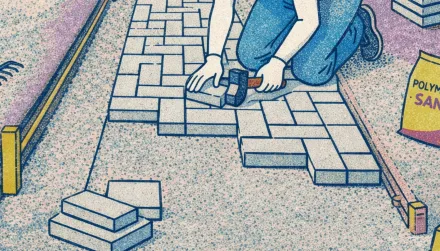 Illustration of a landscaping contractor installs concrete pavers for a residential walkway.