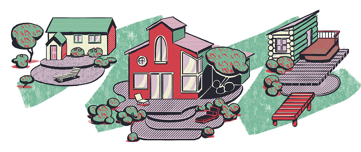Illustration showing homes with landscaping and patios
